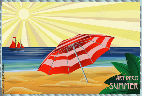 Tropical beach art deco invitation card, vector illustration
