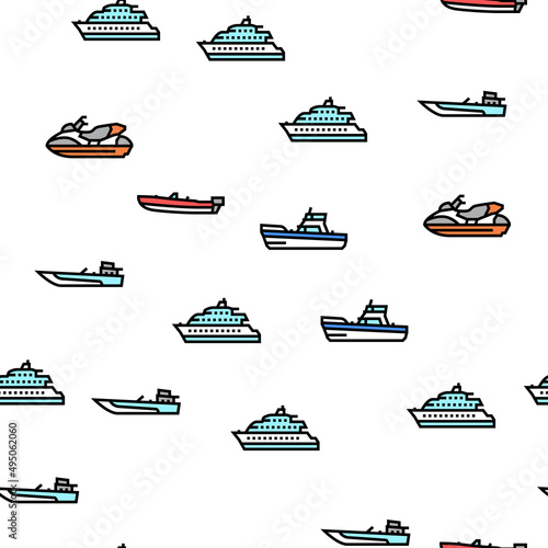 Boat Water Transportation Types Vector Seamless Pattern Thin Line Illustration