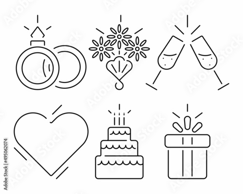 Set of wedding linear icons. Engagement ceremony of a man and a woman. Thin line customizable illustration. Outline symbol. Vector isolated outline drawing.