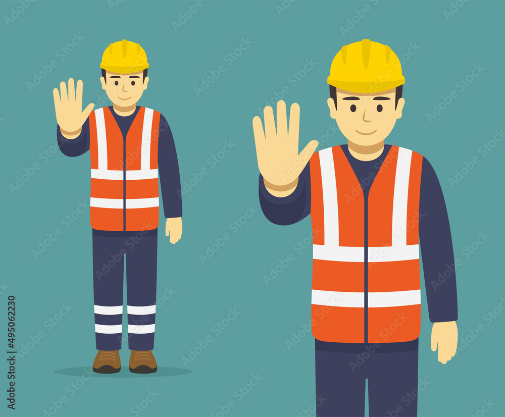 Isolated construction worker makes a stop gesture with his hand. Front view. Flat vector illustration template. Isolated construction worker makes a stop gesture with his hand. Front view. Flat vector illustration template.
