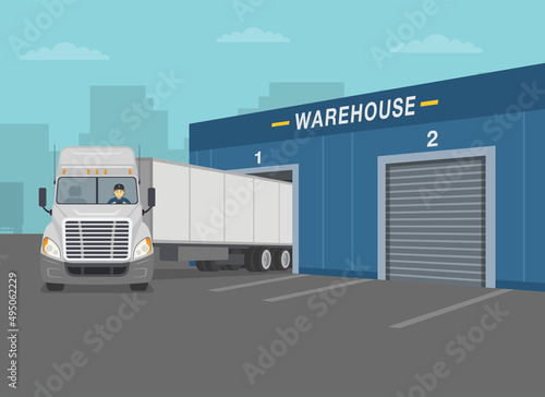 White semi truck leaving the warehouse after loading goods. Front view. Flat vector illustration template.