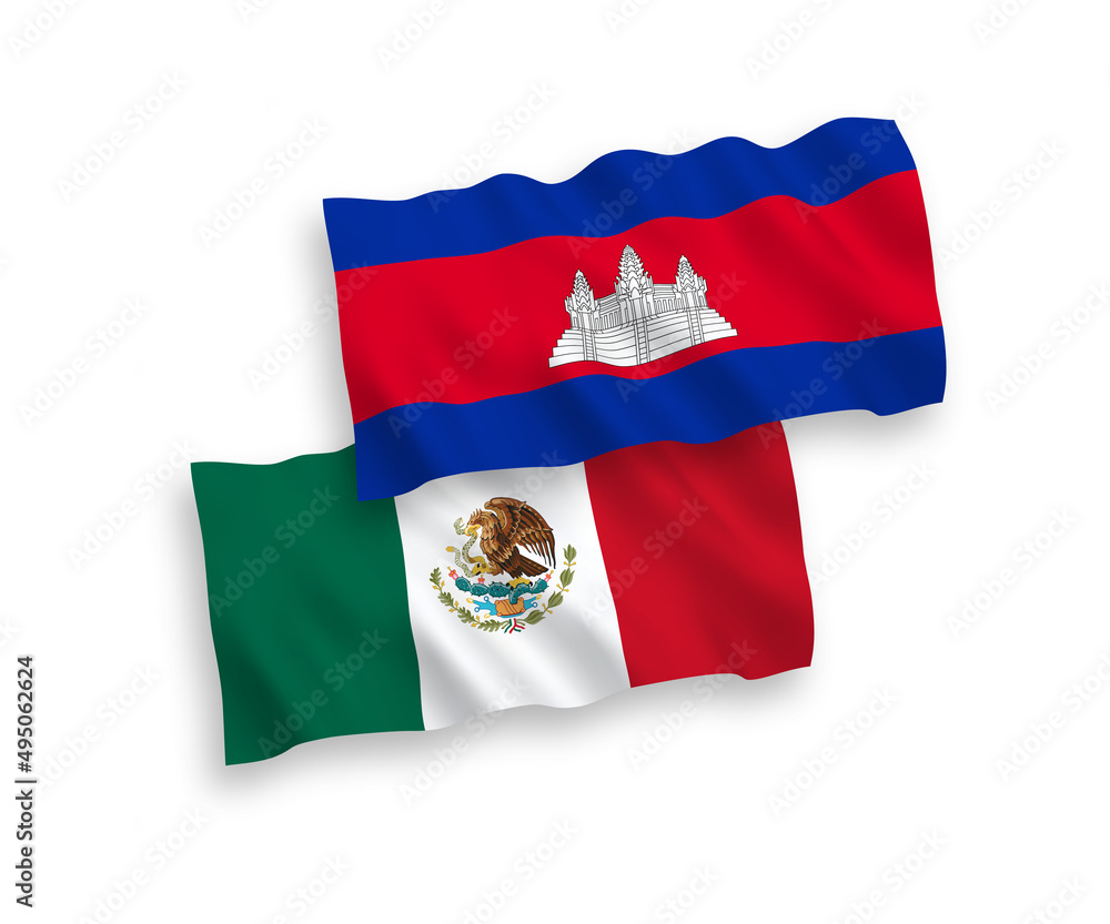National vector fabric wave flags of Mexico and Kingdom of Cambodia isolated on white background. 1 to 2 proportion. National vector fabric wave flags of Mexico and Kingdom of Cambodia isolated on white background. 1 to 2 proportion.