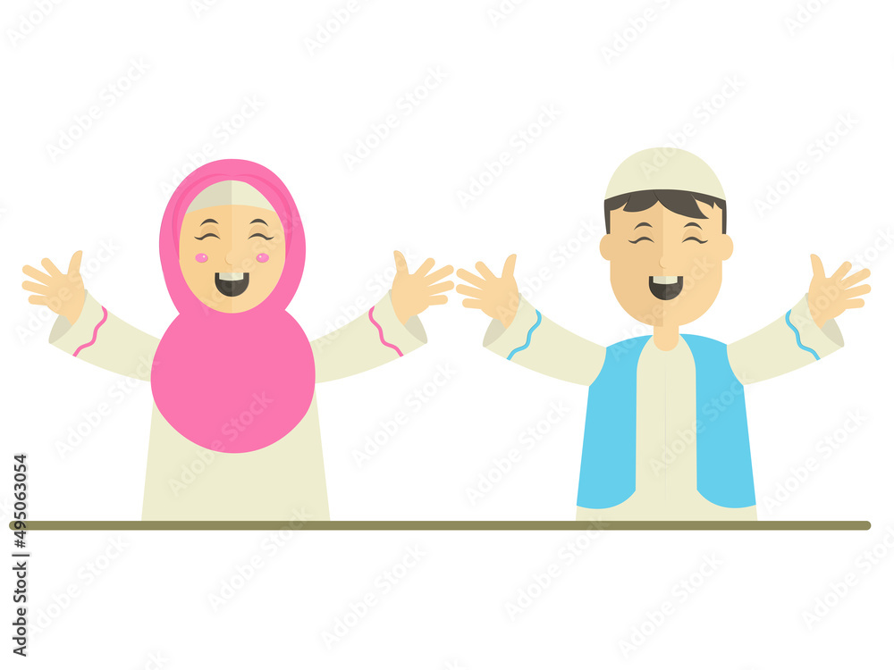 Islamic Young Girl And Boy Raising Hands Up Against White Background.
