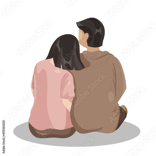 Back View Of Young Couple Sitting Together On White Background.