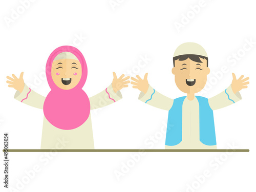 Islamic Young Girl And Boy Raising Hands Up Against White Background.