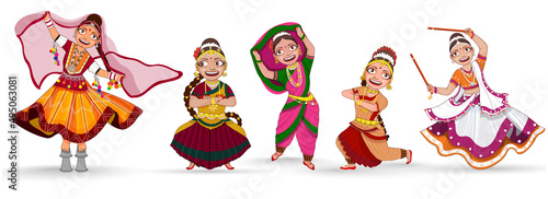 Five Female Classical Dancers From Different States Of India Performed Against White Background.
