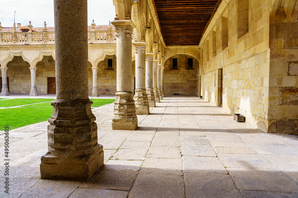 Old historic cloister in the downtown of Salamanca. Plateresque XV century. The old city of Salamanca was declared a UNESCO World Heritage
