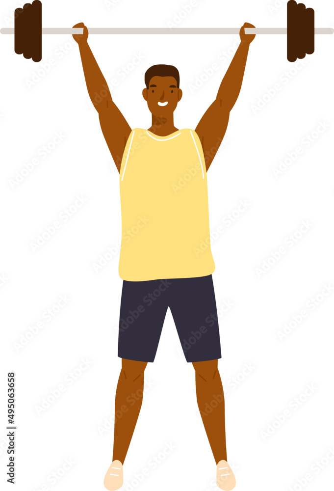 Cartoon muscular man lifting heavy weights Stock Vector