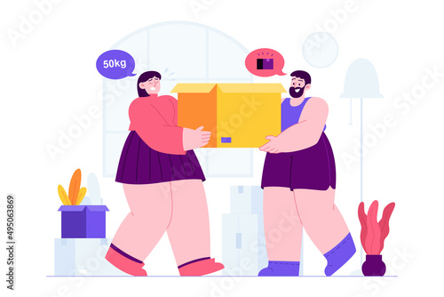 We Have Moved concept vector Illustration idea for landing page template, Family moving, home arrangement, direction for together in home relocation process,  Hand drawn Flat Style