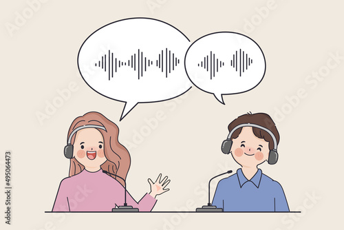 Hand drawn clip art man and woman radio host talk with guest in studio communication record podcast.