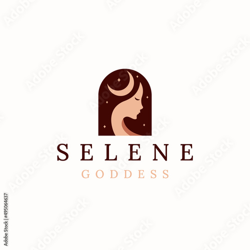 Selene goddess of the moon greek  mythology. women beauty logo icon design template flat vector