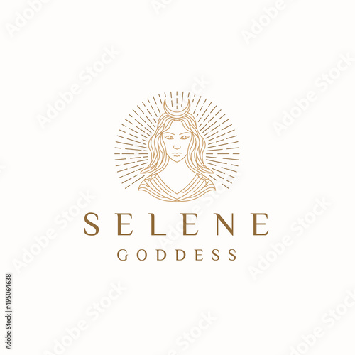 Selene goddess of the moon greek  mythology. women beauty logo icon design template flat vector photo