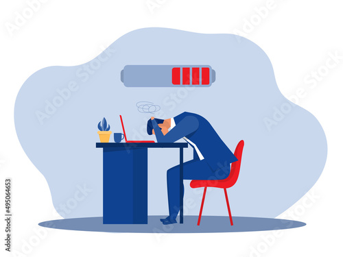 man manager, office worker sad boring sitting with head down on laptop mental health problems. Vector illustration in flat style illustration