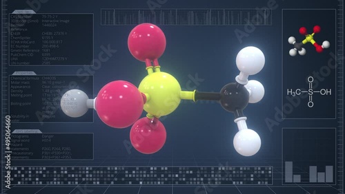 Methanesulfonic acid molecule with description on the computer screen, loopable 3d animation photo