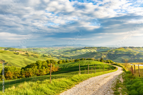 Dirt road into the valley in a rural Italian landscape photo