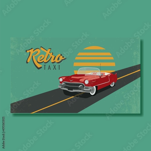 red cabriolet on the road, green background