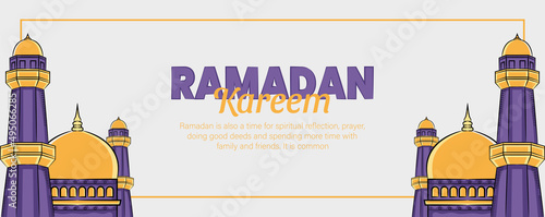 Ramadan kareem banner with hand drawn islamic illustration ornament on white background.