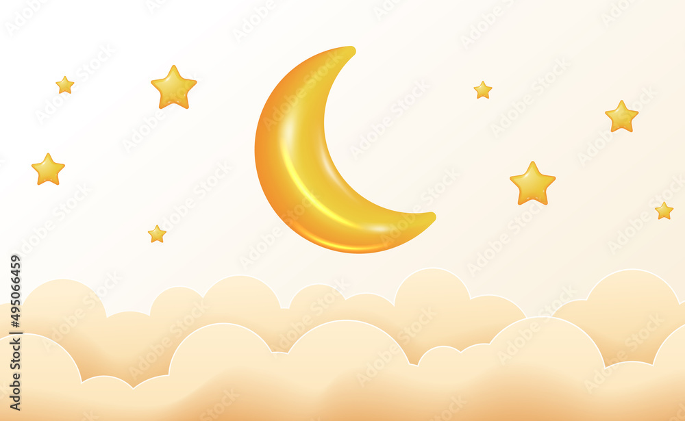 Fototapeta premium Sweet dream lullaby 3d yellow moon and star with cloud. good night baby shower illustration concept.