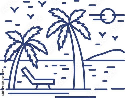 Seaside Resort with Palms Landscape Line Art Monochrome Illustration