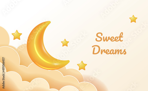Sweet dream lullaby 3d yellow moon and star with cloud. good night baby shower illustration concept.