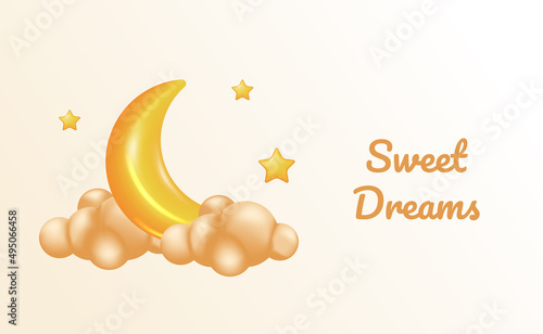 Sweet dream lullaby 3d yellow moon and star with cloud. good night baby shower illustration concept.