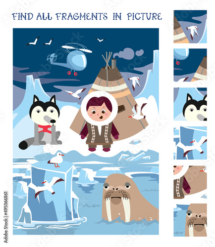 Find all fragments. Game for children. Cartoon character vector illustration. Cute little girl and animals of North. 