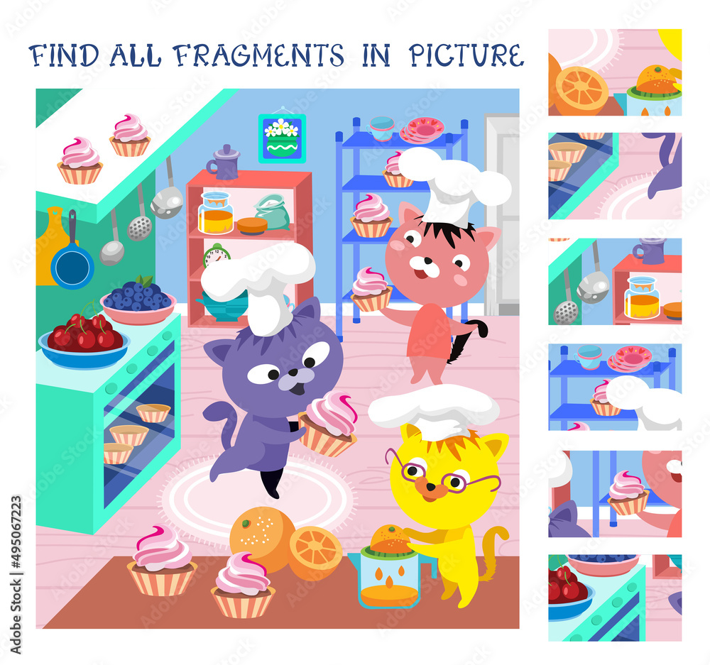 Naklejka premium Find all fragments. Game for children. Cute kittens are cooking in kitchen. Cute cartoon character. Vector illustration.