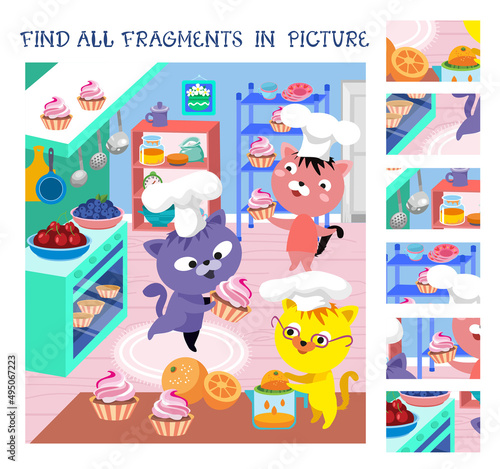 Find all fragments. Game for children. Cute kittens are cooking in kitchen. Cute cartoon character. Vector illustration.