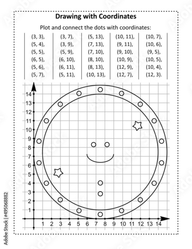 Coordinate graphing, or drawing by coordinates, math worksheet with cheerful alien: Reveal the mystery picture by plotting and connecting the dots with given coordinates.
