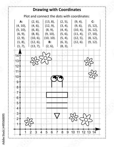 Coordinate graphing, or drawing by coordinates, math worksheet with honey bee: Reveal the mystery picture by plotting and connecting the dots with given coordinates.
 photo