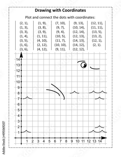 Coordinate graphing, or drawing by coordinates, math worksheet with swan: Reveal the mystery picture by plotting and connecting the dots with given coordinates.