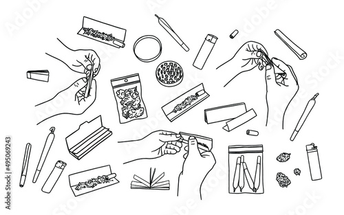 Vector set with hands rolling weed joints, rolling paper, filters and buds of marijuana 