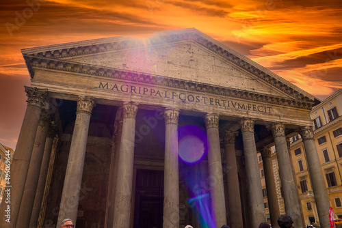 Low angle view of columns and front facade of the Pantheon, High quality photo photo