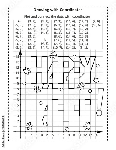 "Happy Easter!" greeting coordinate graphing, or drawing by coordinates, math worksheet: Reveal the mystery picture by plotting and connecting the dots with given coordinates.
