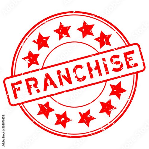 Grunge red franchise word with star icon round rubber seal stamp on white background