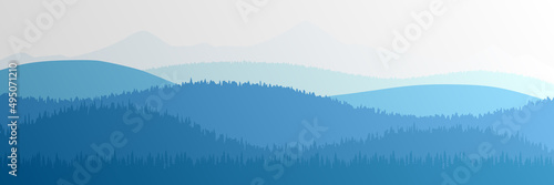 Vector illustration of mountains, ridge in the morning haze, panoramic view