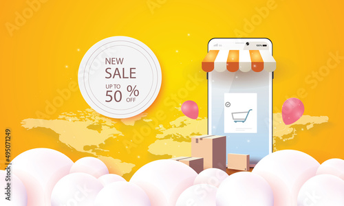 paper art shopping online on smartphone and new buy sale promotion pink backgroud for banner market ecommerce women concept.