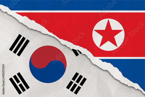 South Korea and North Korea flag ripped paper grunge background. Abstract South Korea and North Korea economics, politics conflicts, war concept texture background photo