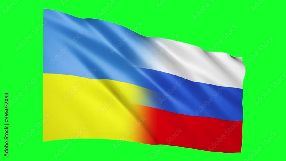 Ukrainian and Russian flags waving in the wind. Realistic ukranian flag background. 3d seamless loopable animation. Ukrainian and Russian flags waving in the wind. Realistic ukranian flag background. 3d seamless loopable animation.