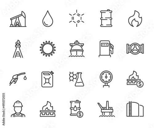 Vector set of oil and gas line icons. Contains icons oil well, gas station, gasoline, tanker, burner, fuel, canister, petroleum and more. Pixel perfect.