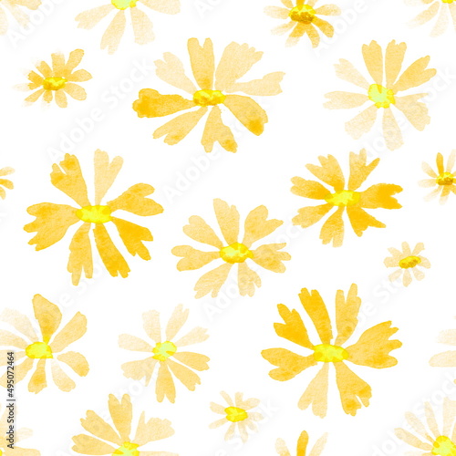 Seamless floral pattern with hand drawn watercolor flowers for textile and paper design. Isolated yellow and orange flowers on a white background.