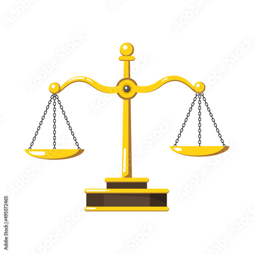 Vector gold brass balance scale isolated on white background. Sign of justice, lawyer photo