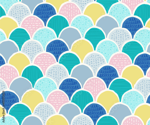 Mermaid fish scales seamless pattern. Doodle childish creative surface design print.