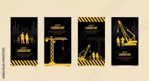 International Labour day design Stories Collection. Labour day template stories suitable for promotion, marketing etc. International Labour day background with silhouette of tower crane © Doharma