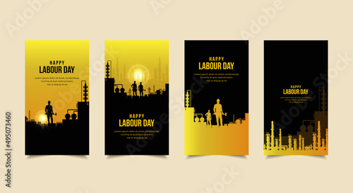 Happy Labour Day Vector with silhouette of workers and factory. International Labour day design Stories Collection. Labour day template stories suitable for promotion, marketing etc. © Doharma