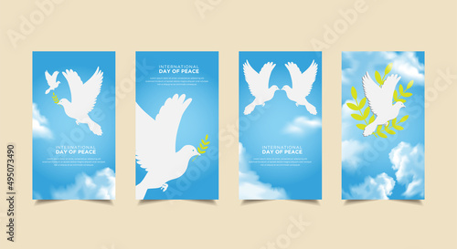 Elegant International Day of Peace background with flying dove, realistic cloud and leaf stalk. International Day of Peace design Stories Collection. Peace day template stories suitable for promotion,
