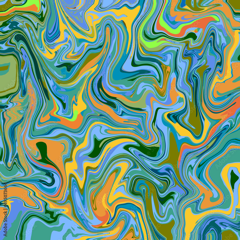 Abstract geometric pattern with random swirl wavy shapes in blue, green, yellow and orange colors Swirl painting effect Abstract geometric pattern with random swirl wavy shapes in blue, green, yellow and orange colors Swirl painting effect