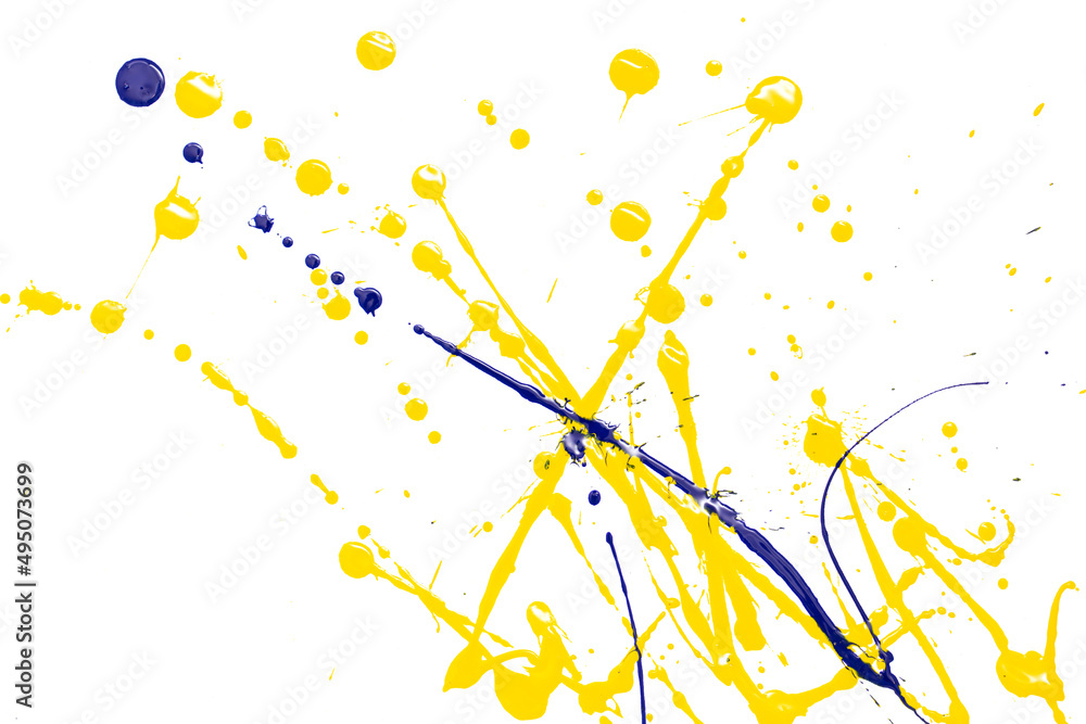 Drops of yellow and blue paint on a white paper background. Drops of yellow and blue paint on a white paper background.