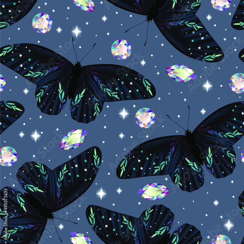 Seamless pattern with butterflies. Boho magic background with butterflies, crystals. 