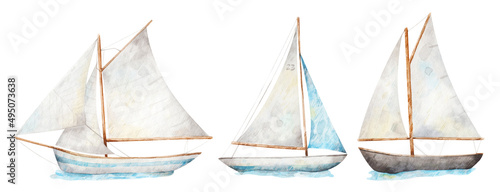 Watercolor illustrations of three sailboats. Set of hand-drawn ships